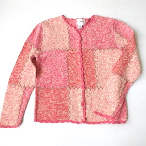 pink cardigan colorblock patchwork style, vintage 90s marled cotton button up sweater, women&#39;s size  small, true vintage clothing