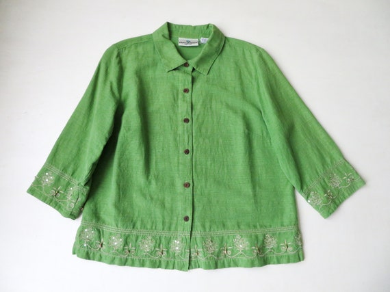 silk blouse or jacket, avocado green with decorat… - image 1