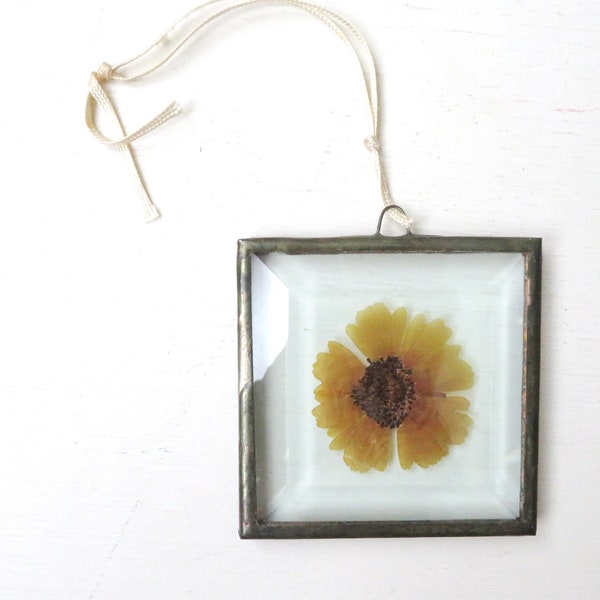 sun catcher, vintage 90s leaded glass window ornament, stained glass suncatcher, yellow flower home decor, beveled glass, gift under 10