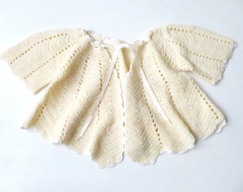 crochet baby cardigan kimono with satin ribbon tie, natural beige wool, vintage 50s infant clothes, handmade clothing