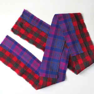 raw edge patchwork scarf recycled wool muffler, upcycled clothing, periwinkle blue, red and grey