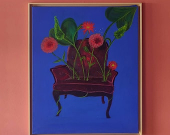 Blue Surreal Acrylic painting with flowers