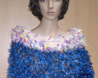 Ooak! Suitable for Vegans Hand Knitted Chunky Textured Jumper Dress size 14 Blue White Multi Colour