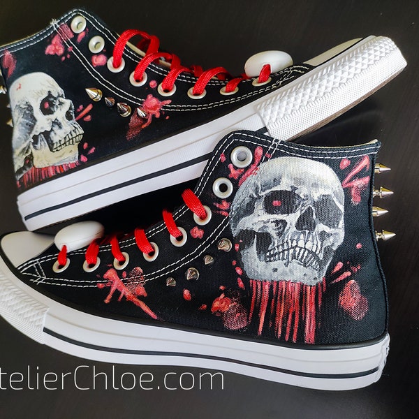 Bloody skulls shoes, studded shoes, goth style shoes, spiked boots, punk shoes, studded sneakers, rock shoes with illuminated laces
