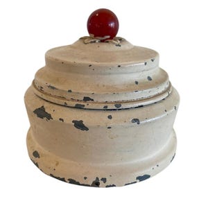 Vintage Musical Powder Box Cream Metal Red Bakelite Knob Mirror Shabby Chic