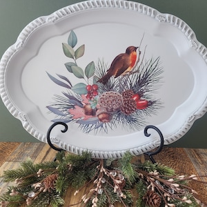 CHRISTMAS COOKIE TRAY, Oval Metal Tray, Christmas Tray, Cookie Tray, Red Finch Tray, Oval Tray