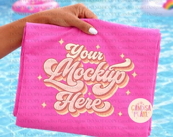 Neon Pink Comfort Colors 1717 Mockup, Retro Summer Shirt Mockup, Poolside Flat Lay, Boutique T Shirt Photo