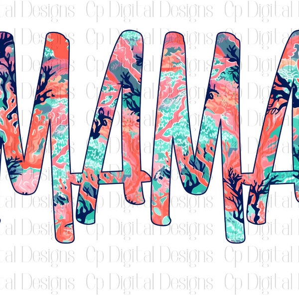Mama PNG Design, Retro png Design, Coral  Digital Design, Aqua Flower, Bright Colors Printable T-Shirt Dtf Dtg Sublimation INSTANT DOWNLOAD