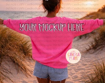 Gildan 18000 Neon Pink | Sweatshirt Mockup | Oversized Back View Model Mockup | Beach Dunes Lifestyle Sweatshirt Mockup