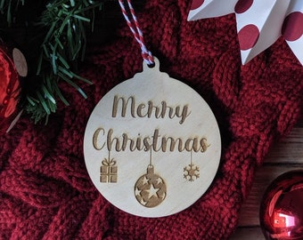 Merry Christmas Bauble Decoration - Christmas Ornament - Wooden Christmas decoration - Christmas Gift Tag or Ornament