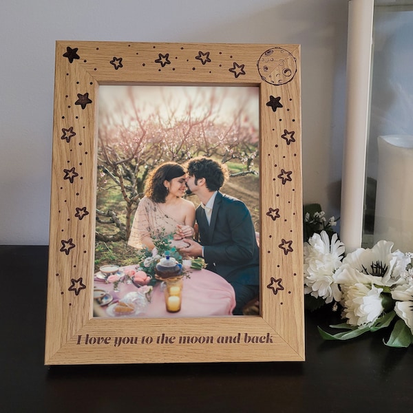 Anniversary Photo Frame - I Love You To The Moon and Back - Engraved Photo Frame - Wooden Photo Frame for Couples