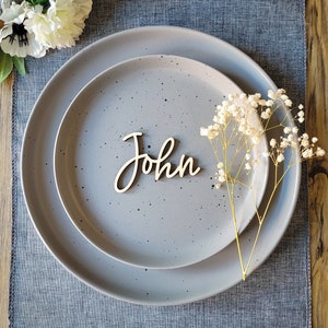 May include: A light grey ceramic plate with dark speckles features a wooden cutout name tag reading John in cursive script. A delicate sprig of white baby's breath flowers rests on the right side of the plate, adding a natural accent to the setting.