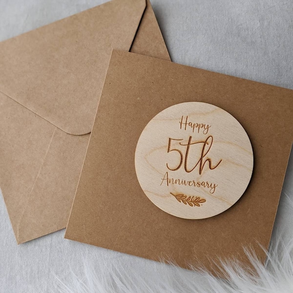 Tarjeta del 5o aniversario Tarjeta de aniversario de madera - Regalo de aniversario de madera - Aniversario de bodas - Aniversario de cinco años