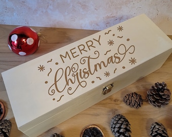 Merry Christmas Wooden Wine Gift Box - Engraved Wine Box Christmas Gift