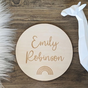 Personalised Rainbow Wooden Disc Engraving | Engrave Your Name on Wood | Custom Made Gift | Baby Flat Lay | Personalised Laser Engraved Gift