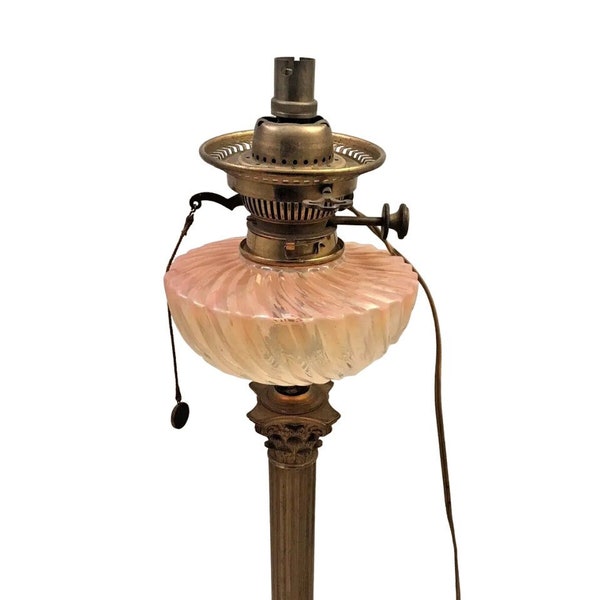 Xl baccarat pink bamboo & hinks corinthian bronze mount kerosene oil lamp 19th