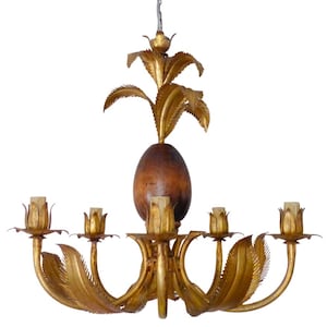 Gorgeous large pineapple palm leaf italian gilt tole chandelier 1970's ceiling
