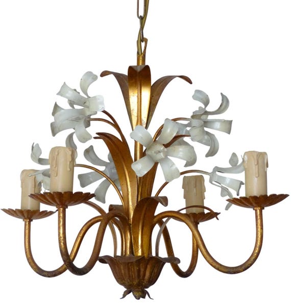 Vintage Gilt Metal Chandelier, White Lily Flowers, 4-Light Floral Tole Chandelier, Hollywood Regency Cottage Lighting 27.6"H