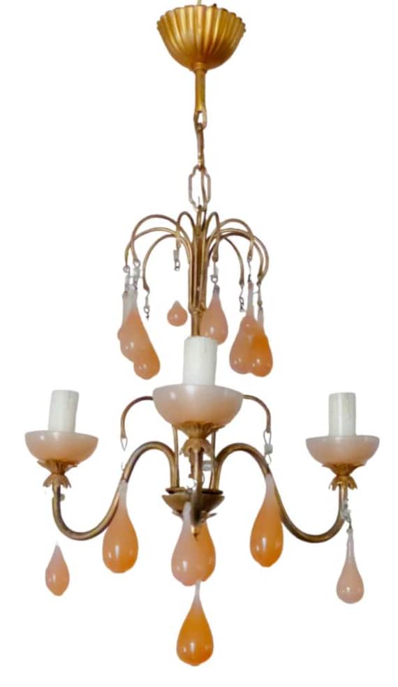 Antique chandelier peachy pink opaline drops cup beads 1930 murano rare 3 lights