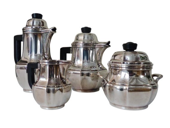 Christofle gallia antique 20th coffee tea service creamer sugar bowl silverplate