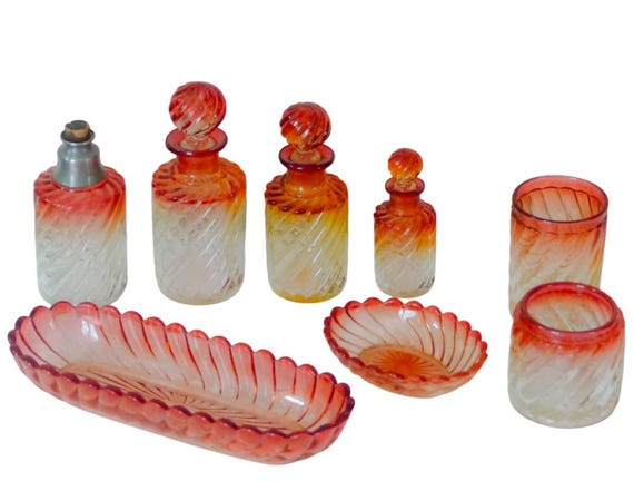Antique Baccarat Crystal Vanity Set 19th Century French Opaline Glass Perfume Bottles Dresser Set Victorian Toilette Rare Collectible