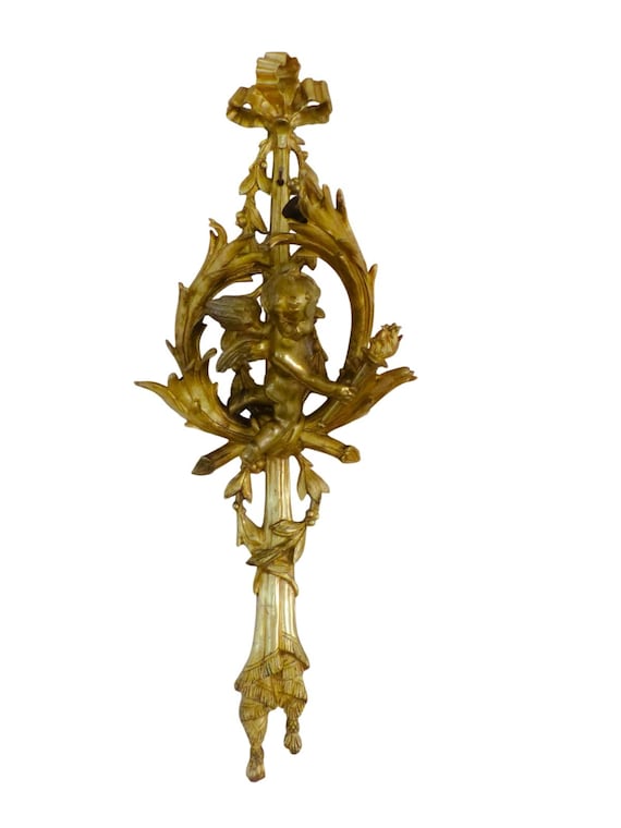 Large French Gilt Bronze Cherub Wall Sconce 20" Rococo Putto Applique, Baroque Angel Wall Decor, Vintage French Bronze Sculpture