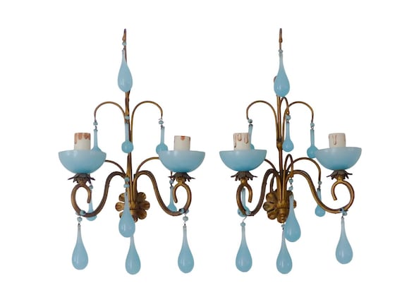 Murano 1930 antique pair wall light aqua blue opaline drops cup bead chandelier