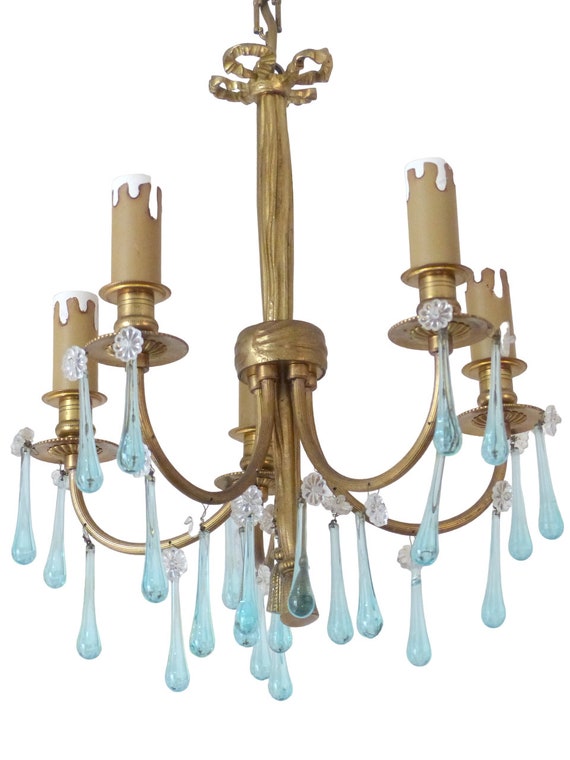 Charming French vintage bronze Louis XVI chandelier with blue glass drops and ribbon, circa 1970