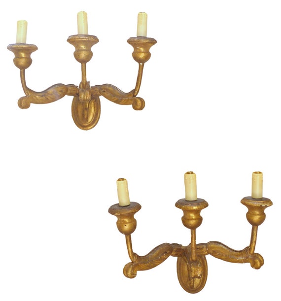 Gorgeous italian pair antique gilded wood triple wall light sconce 1900