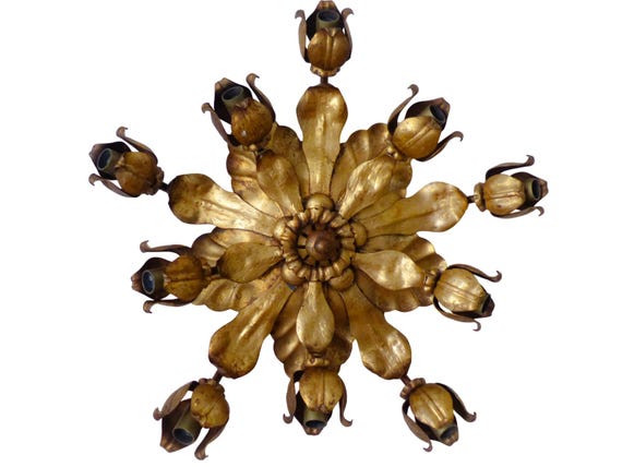 Large Vintage Italian Gilt Flower Flush Mount, 10-Light, 1970s-80s Floral Ceiling or Wall Light, Statement Fixture 23.6"D