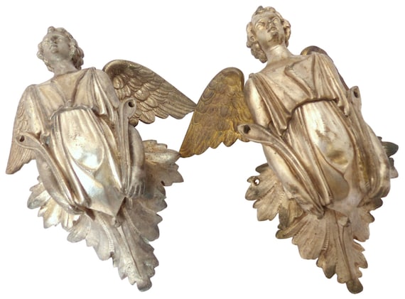 19th pair antique religious winged angel putti statue silverplate bronze 9" rare