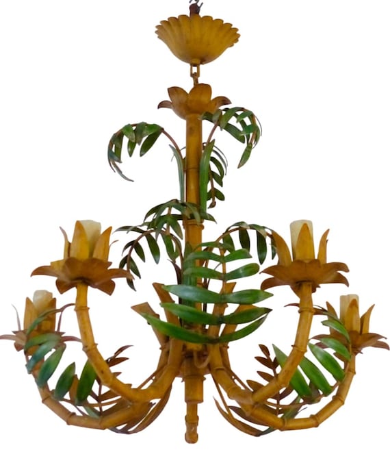 Vintage Bamboo Chandelier, 1960s Botanical Floral Ceiling Light, Green Leaf Gilt Metal Chandelier, Hollywood Regency Style Lighting