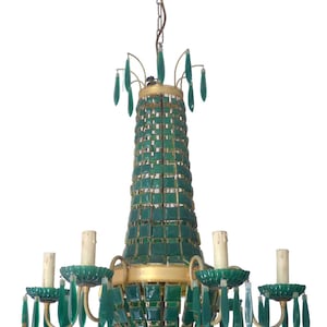 Gorgeous green emerald glass murano gilt brass chandelier ceiling rare 1930