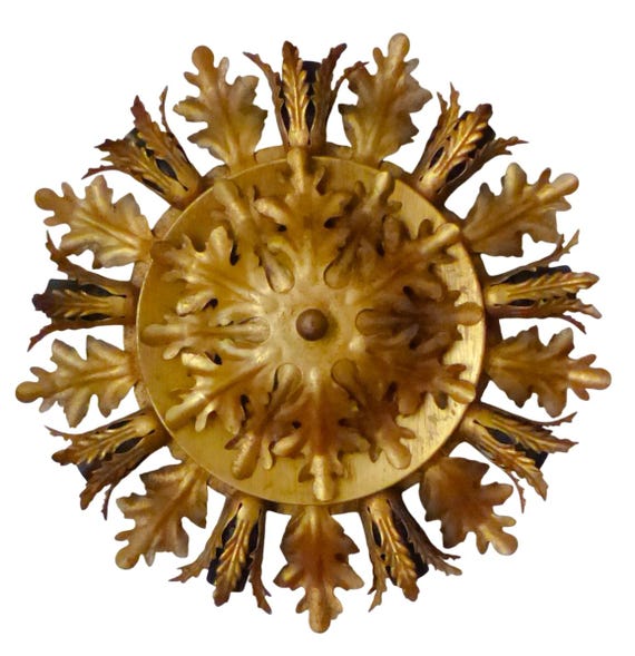 Vintage Italian Banci Gilt Oak Leaf Sunburst Flush Mount, 9-Light, Hollywood Regency Ceiling or Wall Light #2