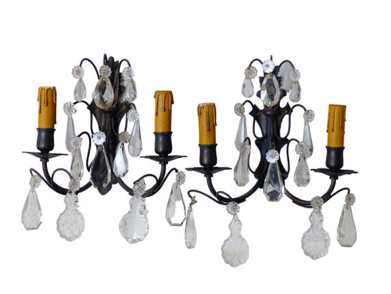 1900 gorgeous antique pair wall light clear crystal drop sconces prisms bronze