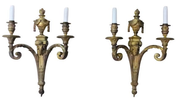 XL large antique pair french gilt bronze ram 19th wall light sconce louis xvi