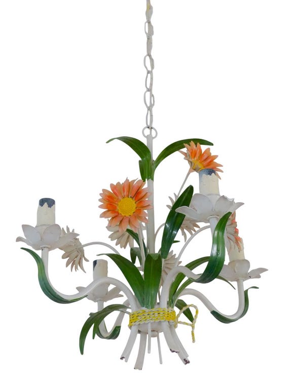 Charming Florentine chandelier enameled metal tole flowers italian ceiling 70's