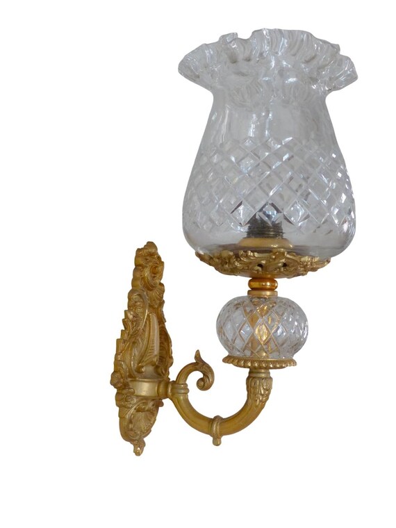 Large vintage french bronze rococo 20th wall light sconce louisxv carved crystal