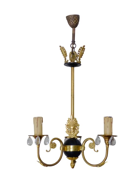 Antique French Empire Style Chandelier, Bronze Gilt Brass, Black & Gold Palmette, 3-Light, Neoclassical Lighting 23.6"H