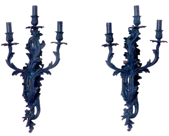 XL large antique pair french black bronze rococo 1950 wall light sconce louis xv
