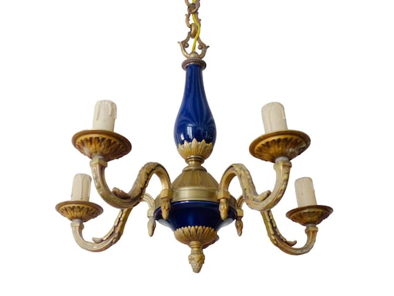 1930 gorgeous antique French bronze rare cobalt porcelain Louis XVI chandelier