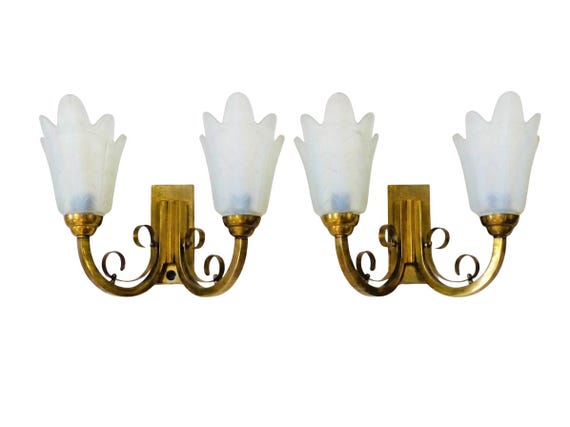 Pair Art Deco Gilt Brass Wall Sconces, Opalescent Pressed Glass Tulip Shades, 1930s, 2-Light Each, Vintage Deco Wall Lights