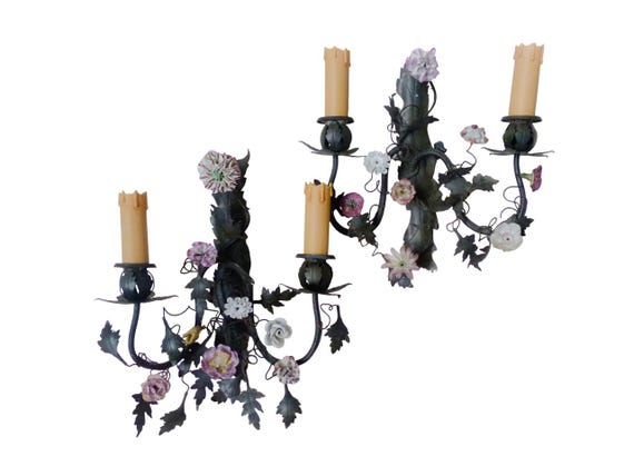 Antique pair wall light sconces green tole 1930 porcelain flowers foliage #2