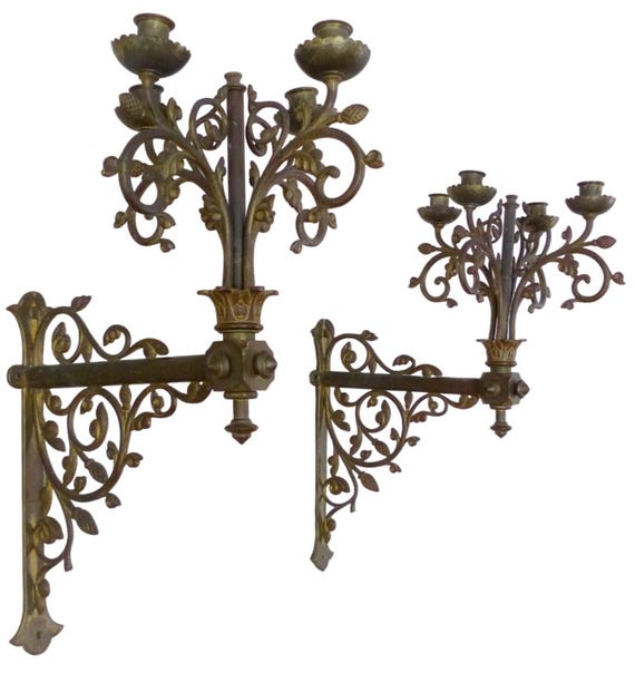 Large Pair of 19th Century French Bronze & Gilt Brass Wall Sconces – Gothic Revival Candle Holders