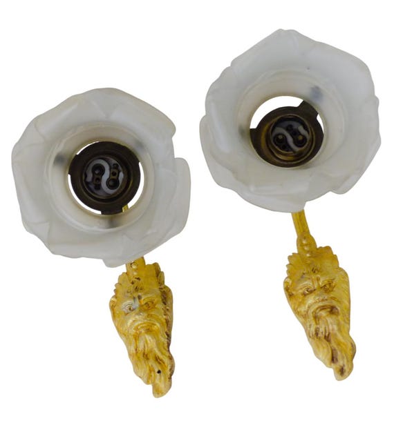 Pair Antique French Bronze Wall Sconces Bacchus Mask Glass Shades small size