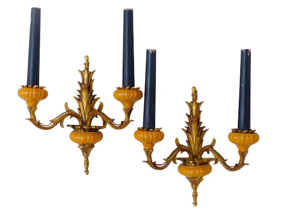 Vintage pair French wall light pineapple design gilded bronze porcelain 1950 gau