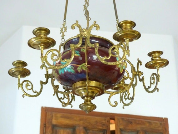 Charming French church brass faience candlestick candle holders religious 19th