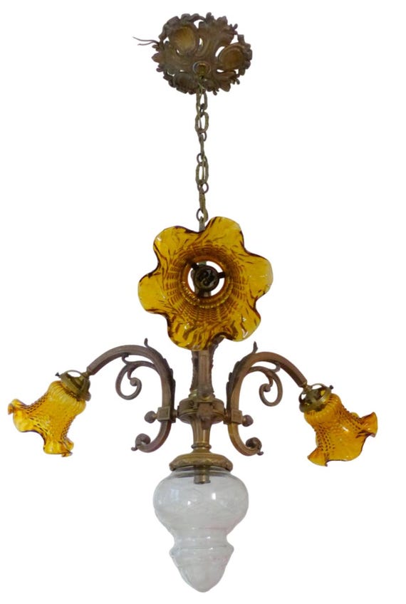 19th charming french gilded bronze louis xvi candlestick 4 fires amber shades