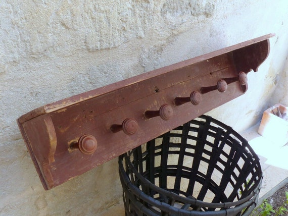 Gorgeous primitive antique french wooden coat hat rack 6 turned wood knobs red