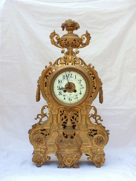 22" XXL gorgeous antique French bronze lion clock, 19th century Paris, Gothic movement